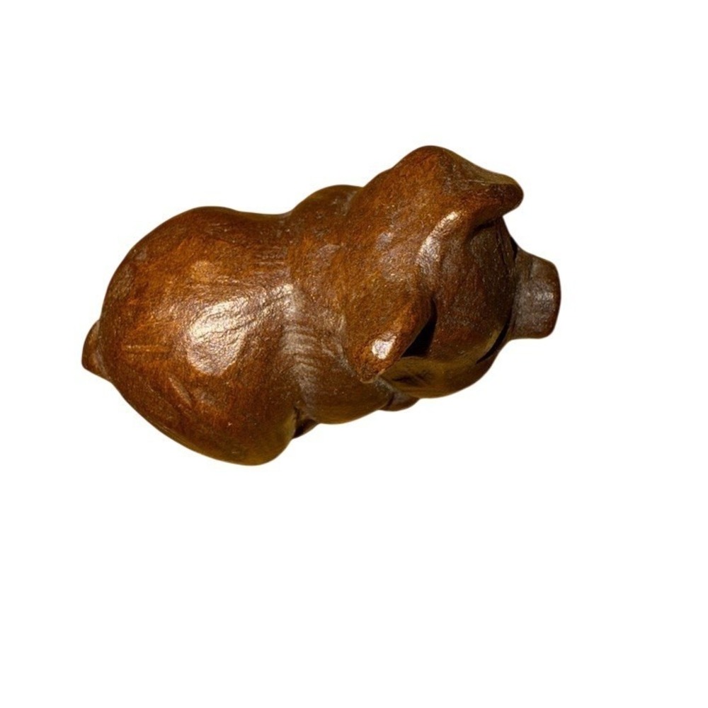 Hand-Carved Piglet Figurine Miniature Brown Polished 2.5in Felt Pads farmcore